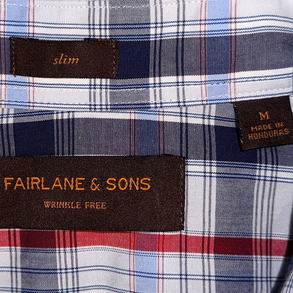 Fairlane & Sons Slim Fit Plaid Button-Down Shirt M Navy Red Wrinkle Free - Picture 12 of 12